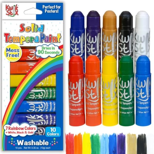 Kwik Stix Solid Tempera Paint Sticks, 10 Rainbow Colors, Washable & Non-Toxic, Quick Drying, Mess-Free Art Supplies for Kids