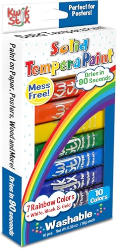 Kwik Stix Solid Tempera Paint Sticks, 10 Rainbow Colors, Washable & Non-Toxic, Quick Drying, Mess-Free Art Supplies for Kids