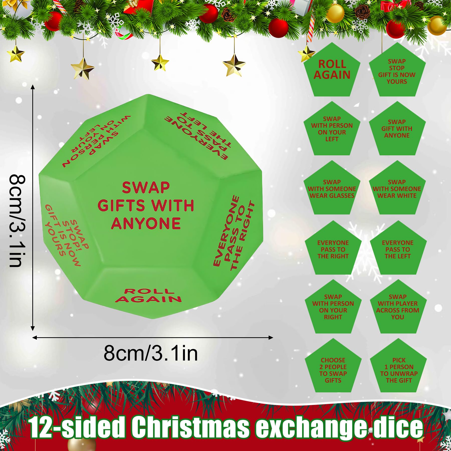 kykake Santa Swap Gift Exchange Dice - 3-Inch Cube with 12 Sides for Family Christmas Party Games