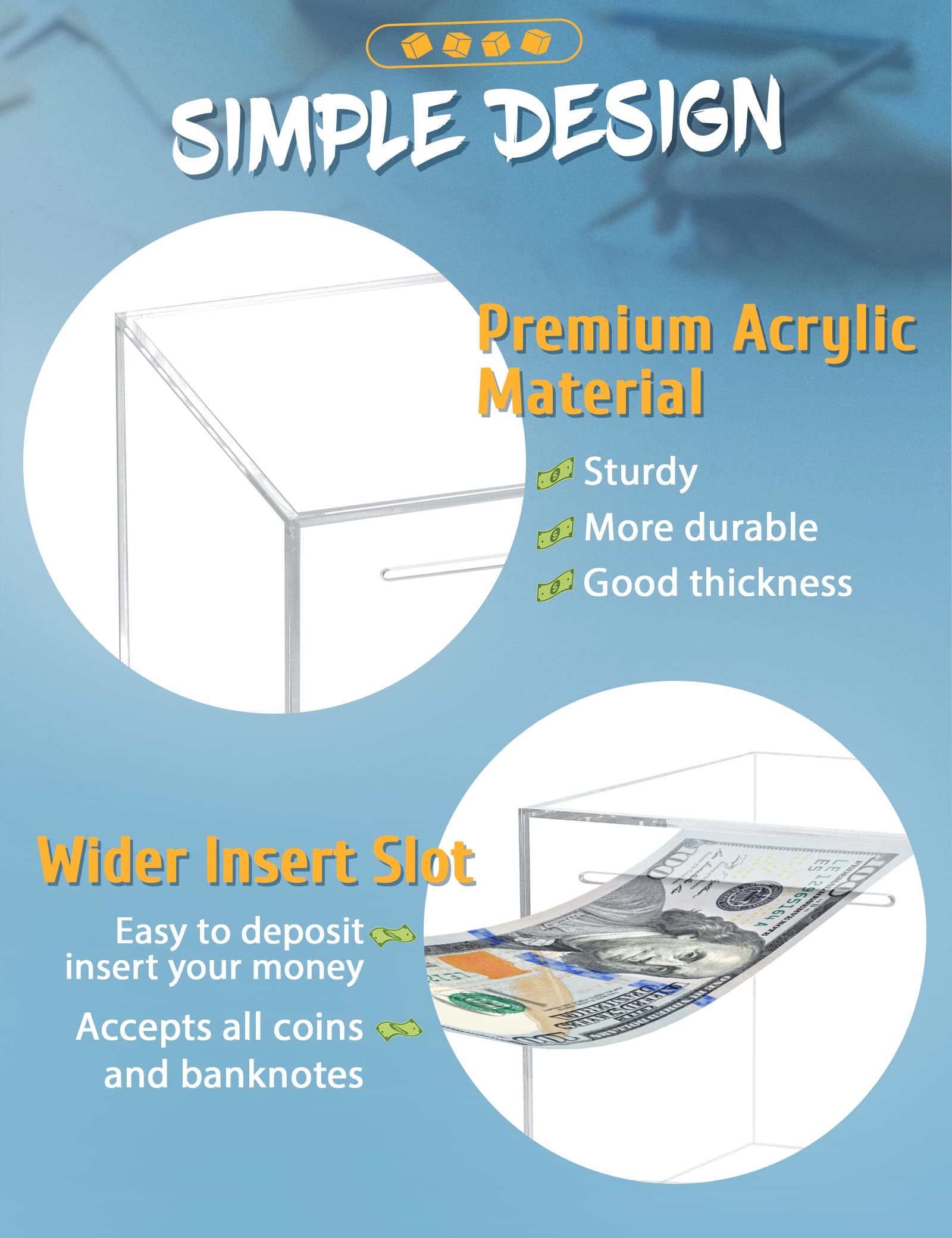 Kypeeka Clear Acrylic Piggy Bank – Unopenable Money Box for Adults & Kids (4.72")
