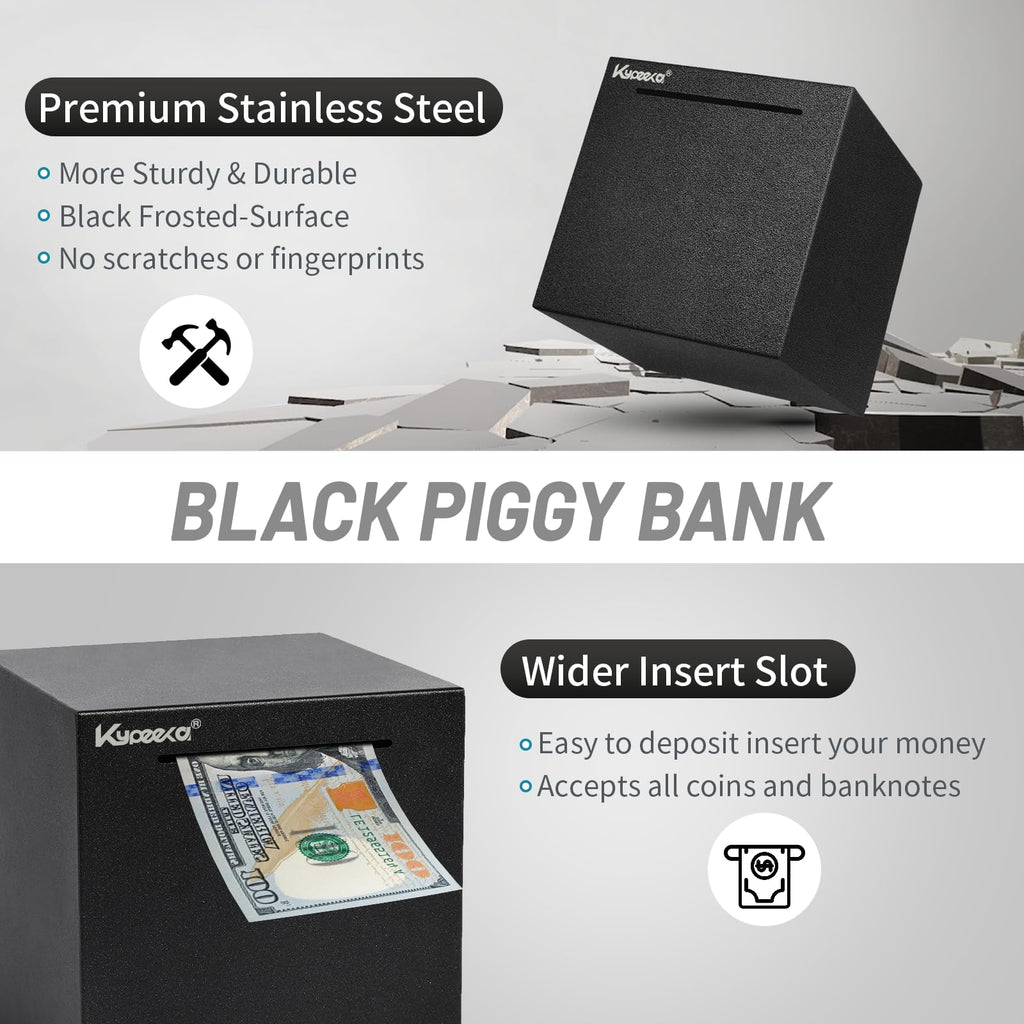 Kypeeka Unbreakable Stainless Steel Piggy Bank for Adults – Must Break to Open, Black 4.72 Inch Savings Box
