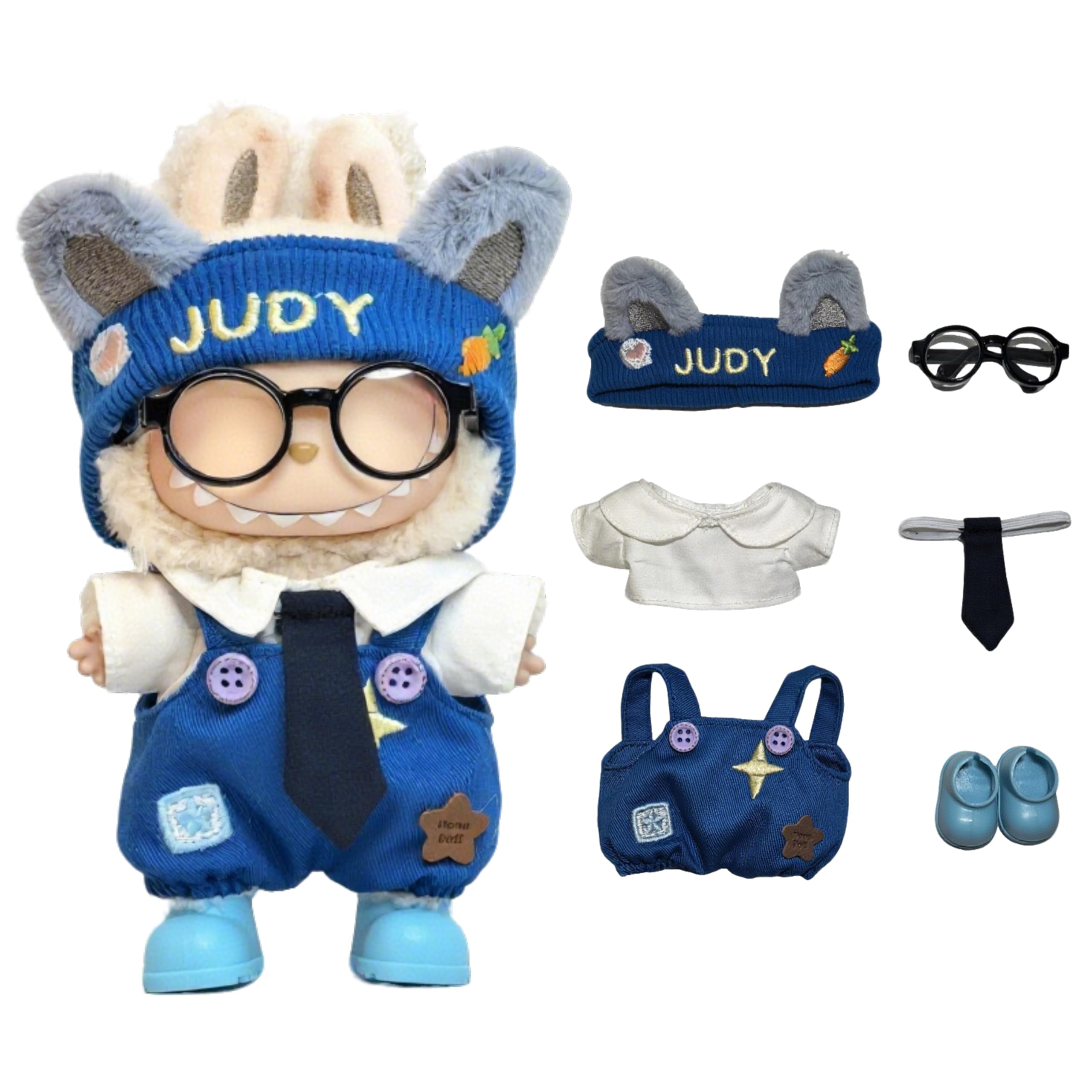 Labubu Doll Clothes Set - 6-Piece Bunny Overall Outfit with Shirt, Headband, Glasses, Tie & Shoes for 17cm Dolls (Doll Not Included)