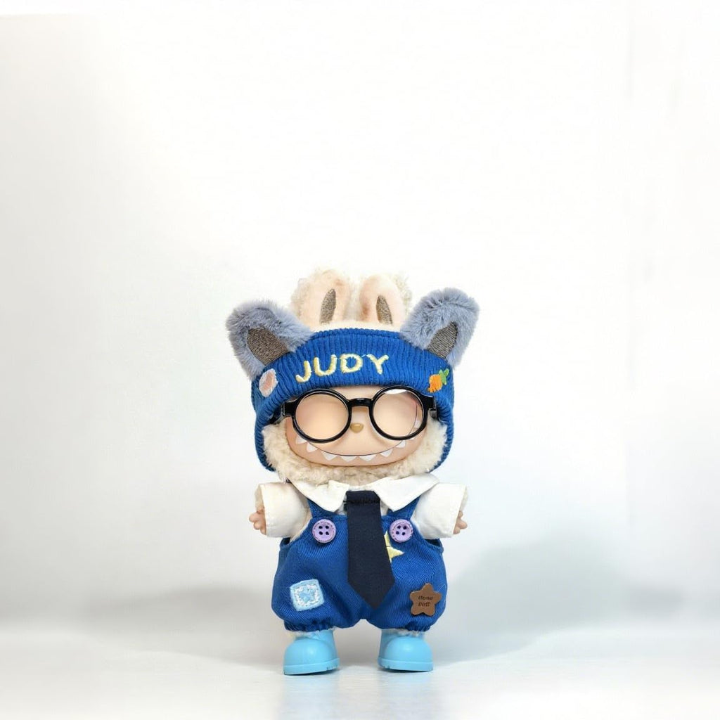 Labubu Doll Clothes Set - 6-Piece Bunny Overall Outfit with Shirt, Headband, Glasses, Tie & Shoes for 17cm Dolls (Doll Not Included)