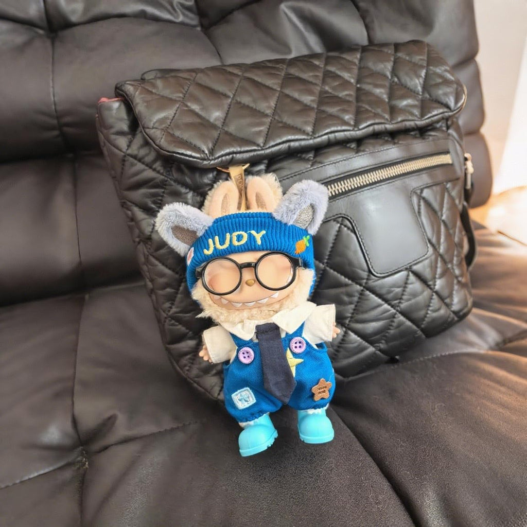 Labubu Doll Clothes Set - 6-Piece Bunny Overall Outfit with Shirt, Headband, Glasses, Tie & Shoes for 17cm Dolls (Doll Not Included)