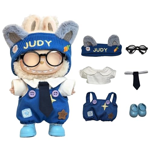 Labubu Doll Clothes Set - 6-Piece Bunny Overall Outfit with Shirt, Headband, Glasses, Tie & Shoes for 17cm Dolls (Doll Not Included)