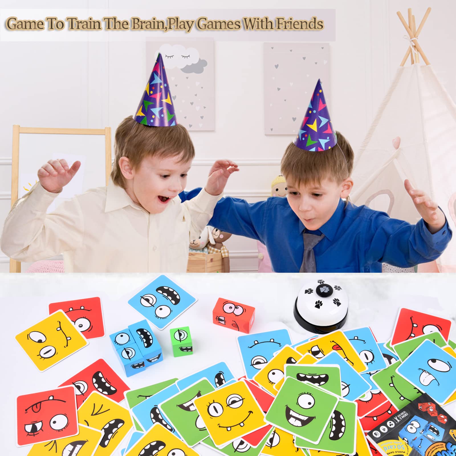 LADVATKIN Wooden Face Changing Magic Cube Game with Bell – Expression Pattern Matching Puzzle for Kids & Adults Family Night Fun