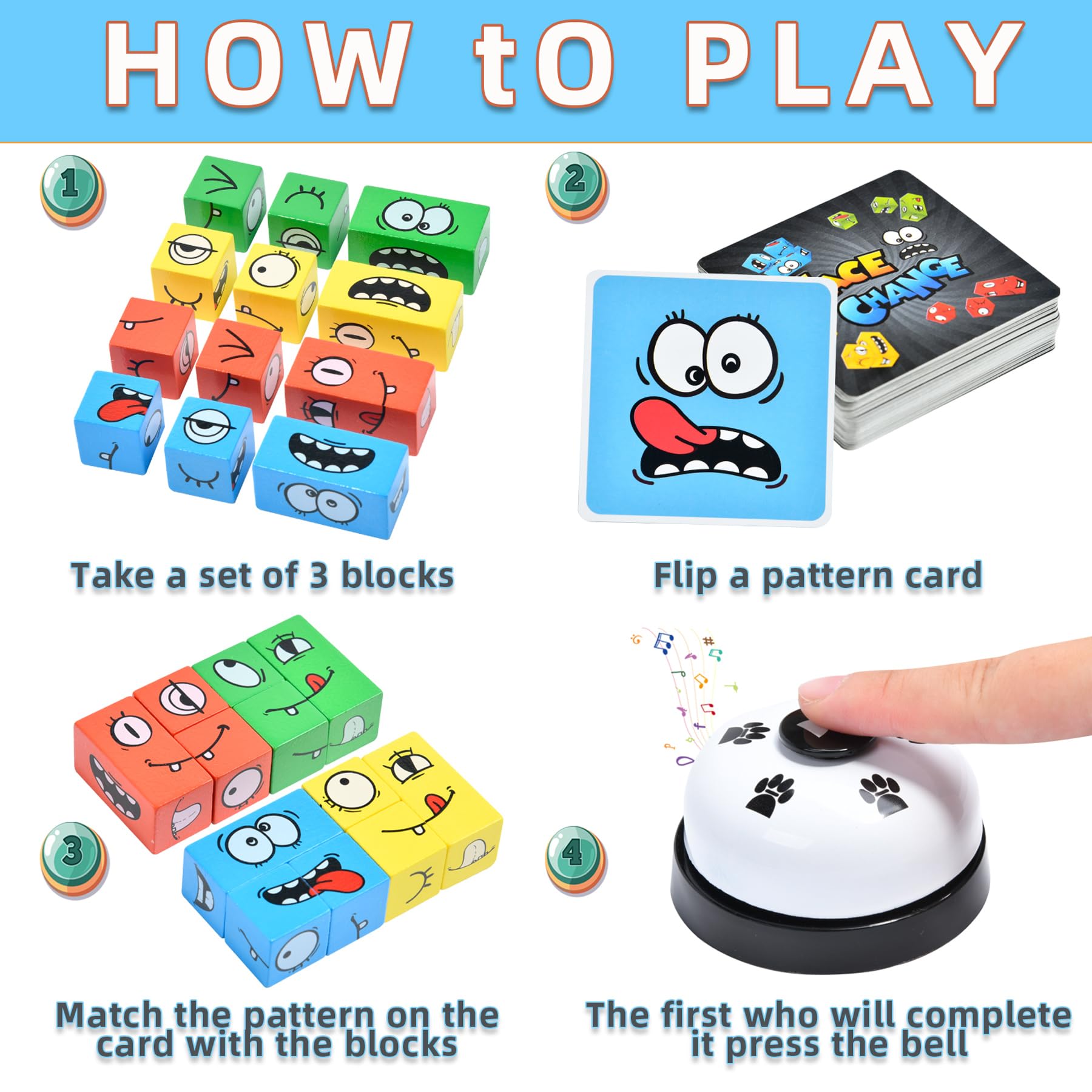 LADVATKIN Wooden Face Changing Magic Cube Game with Bell – Expression Pattern Matching Puzzle for Kids & Adults Family Night Fun