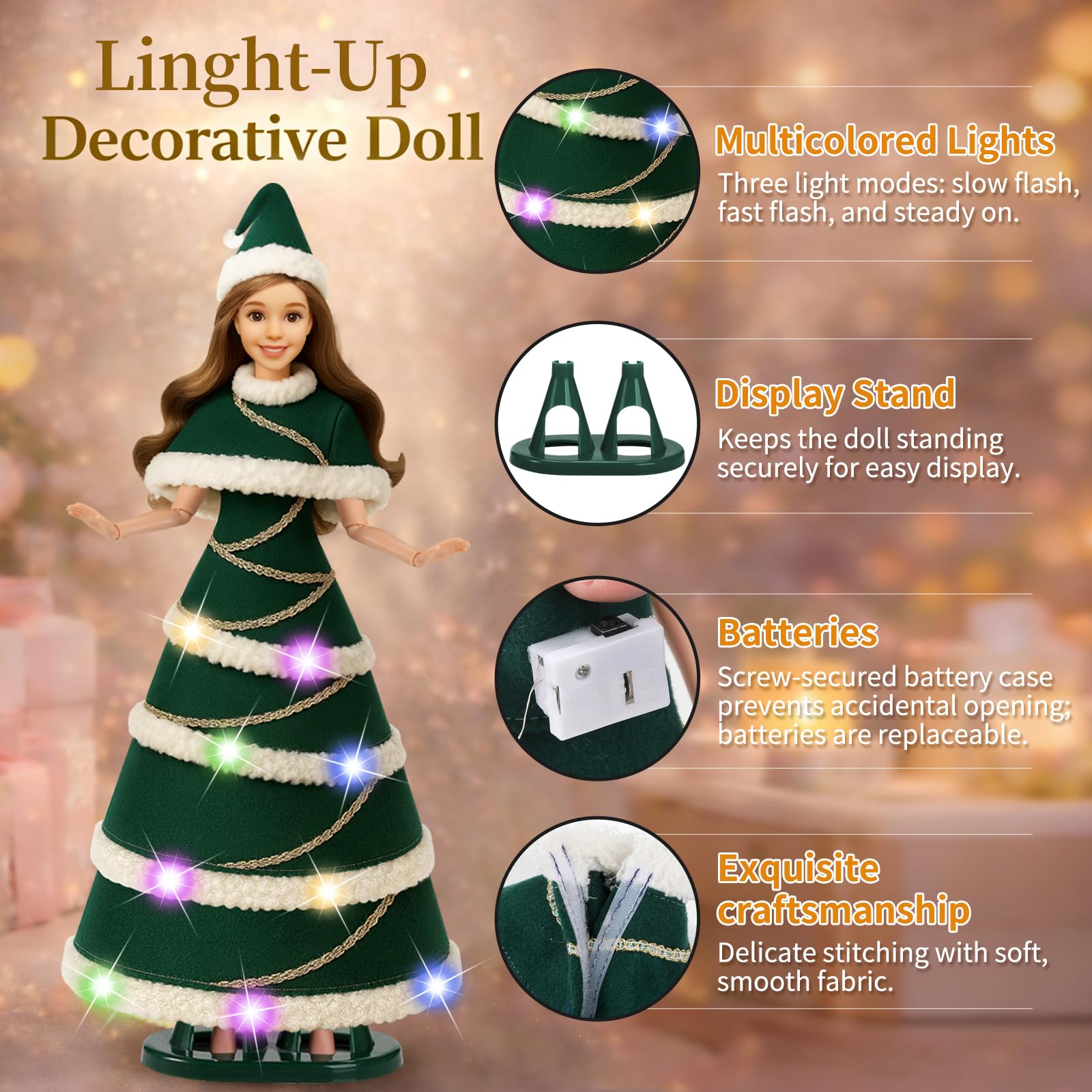Lady Cat 11.5-Inch Light-Up Decorative Doll with LED Dress and Display Stand