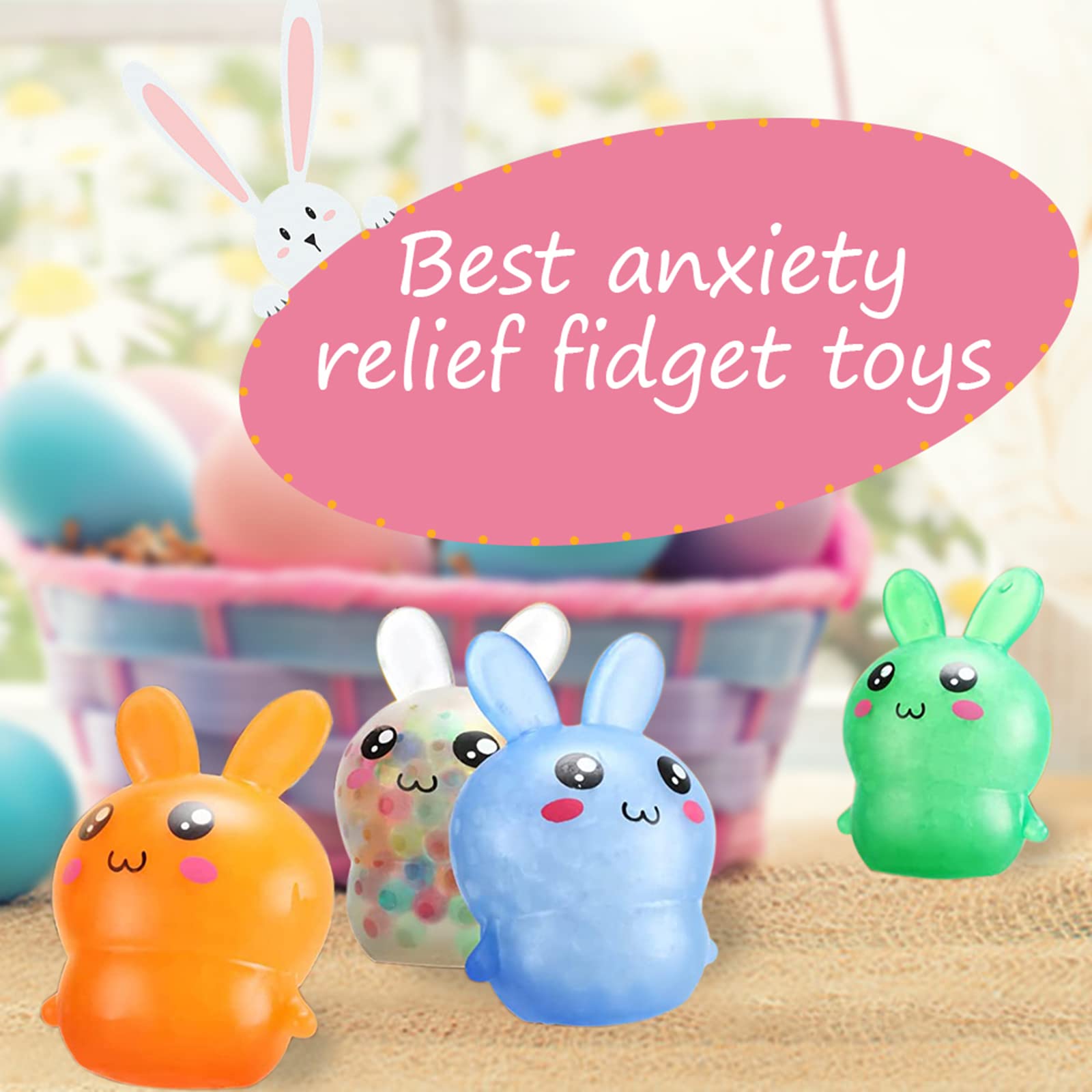LAHAND 4-Pack Squishy Easter Bunny Stress Balls – Cute Silicone Fidget Toys for Easter Basket Stuffers, Party Favors, and Anxiety Relief