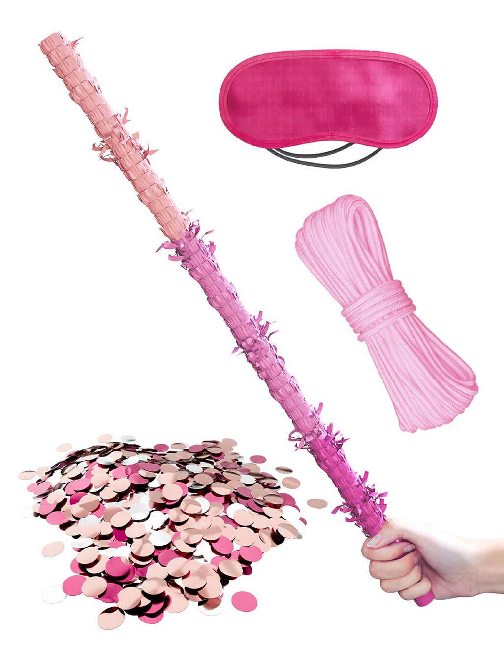 LAKINGO Extra-Strong Wooden Piñata Stick 31.5" - Heavy-Duty Pink Party Kit with Rope, Blindfold & Confetti