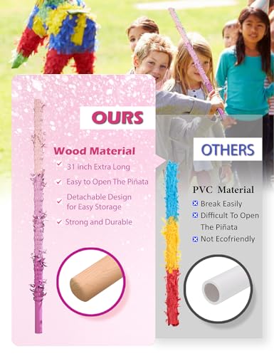 LAKINGO Extra-Strong Wooden Piñata Stick 31.5" - Heavy-Duty Pink Party Kit with Rope, Blindfold & Confetti