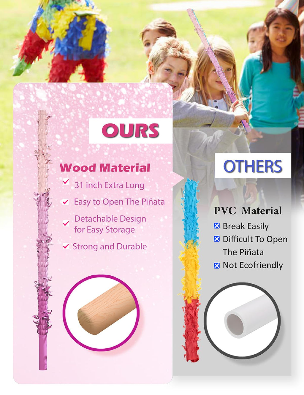 LAKINGO Extra-Strong Wooden Piñata Stick 31.5" - Heavy-Duty Pink Party Kit with Rope, Blindfold & Confetti