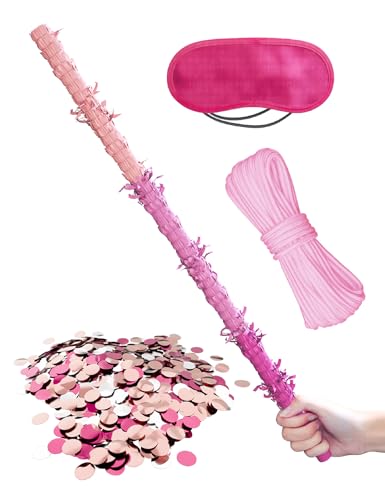 LAKINGO Extra-Strong Wooden Piñata Stick 31.5" - Heavy-Duty Pink Party Kit with Rope, Blindfold & Confetti