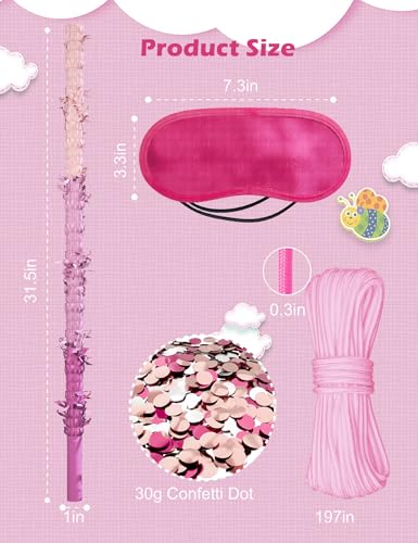 LAKINGO Extra-Strong Wooden Piñata Stick 31.5" - Heavy-Duty Pink Party Kit with Rope, Blindfold & Confetti
