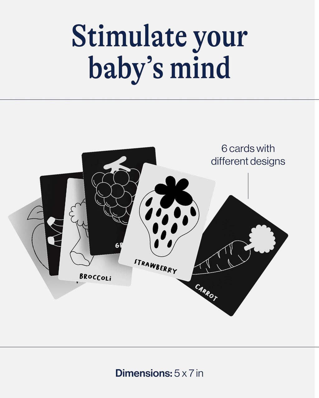 Lalo Art Cards - 6 High Contrast Black and White Baby Cards for Visual Development (Fruits & Veggies)