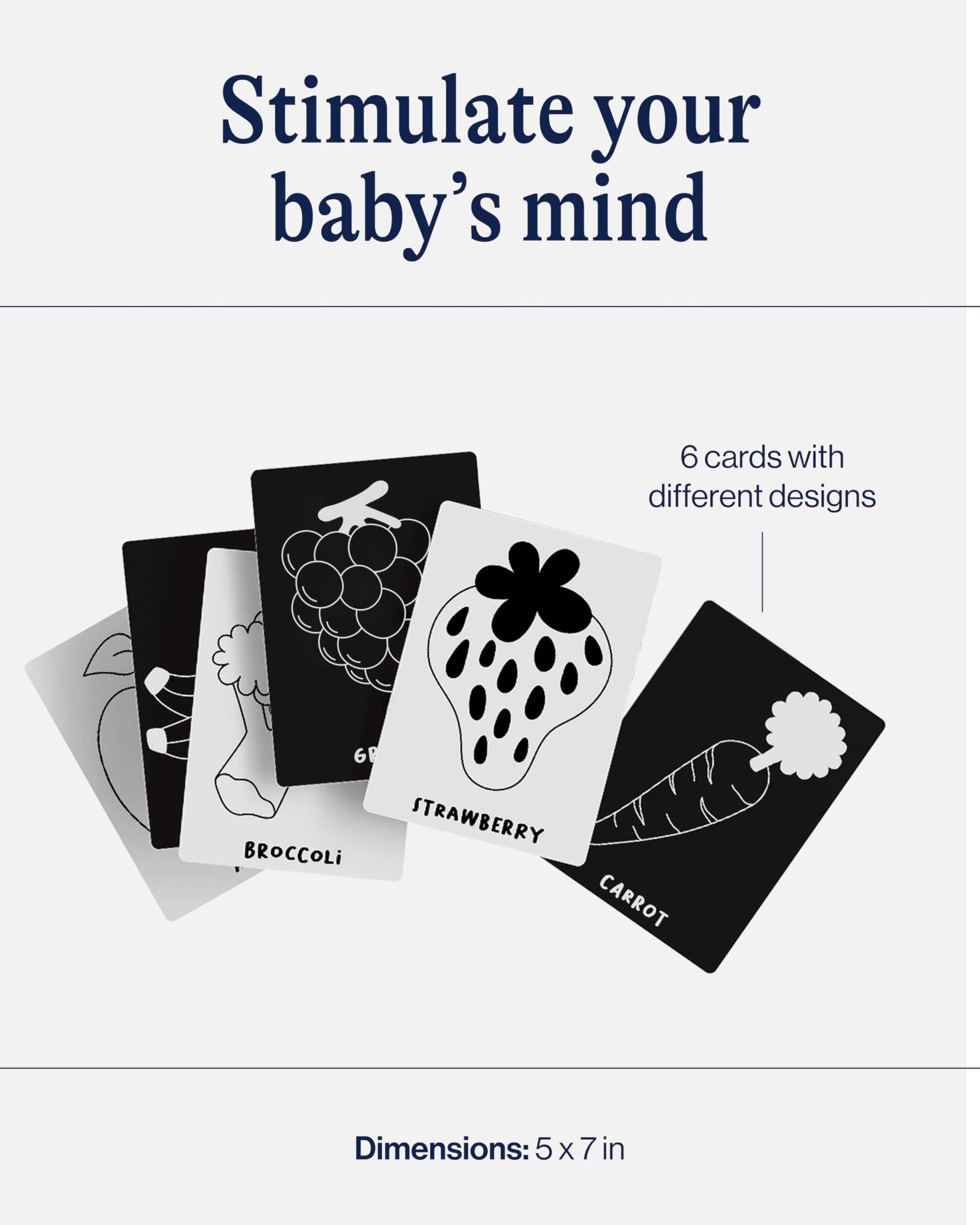 Lalo Art Cards - 6 High Contrast Black and White Baby Cards for Visual Development (Fruits & Veggies)