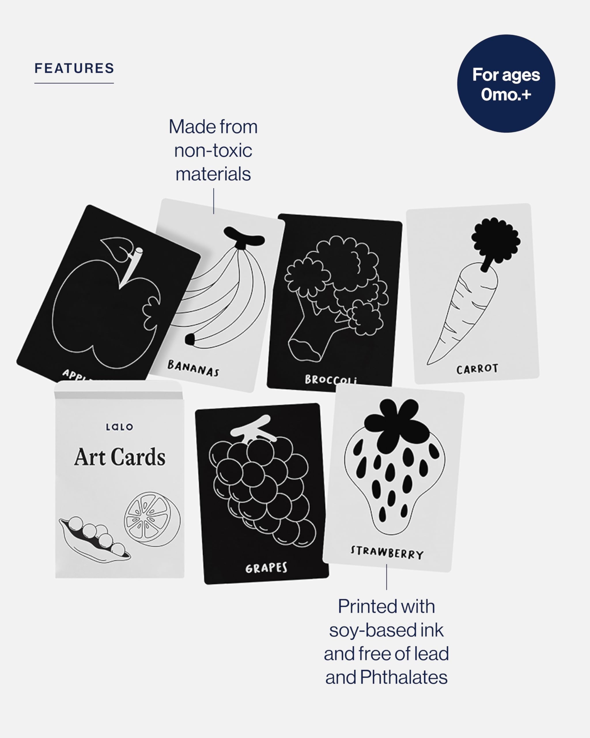 Lalo Art Cards - 6 High Contrast Black and White Baby Cards for Visual Development (Fruits & Veggies)