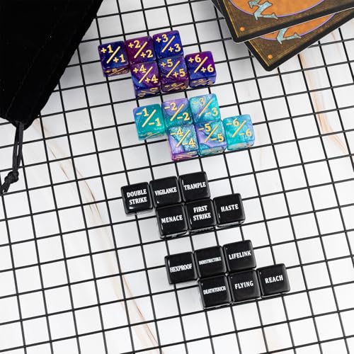 LAMJAM 48-Piece MTG Dice Set – 24 Keyword Dice & 24 Number Counters with Velvet Pouch