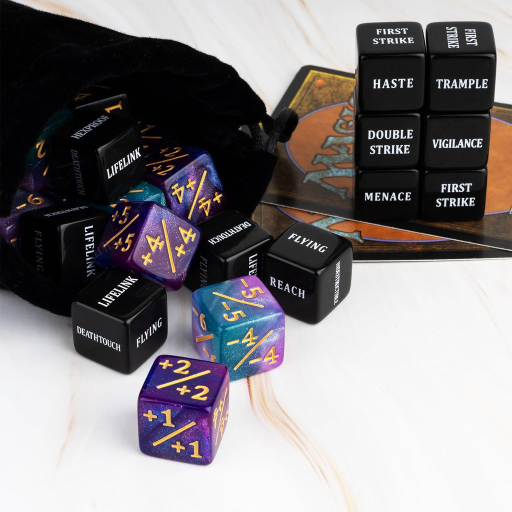 LAMJAM 48-Piece MTG Dice Set – 24 Keyword Dice & 24 Number Counters with Velvet Pouch