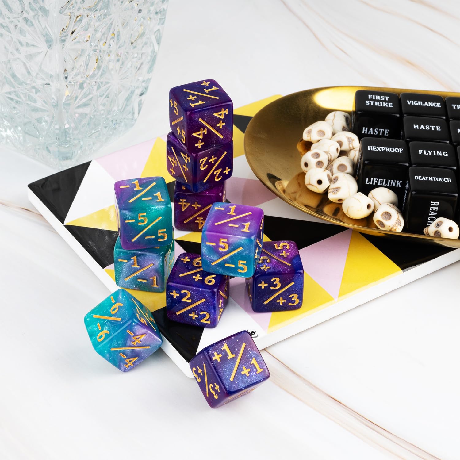LAMJAM 48-Piece MTG Dice Set – 24 Keyword Dice & 24 Number Counters with Velvet Pouch