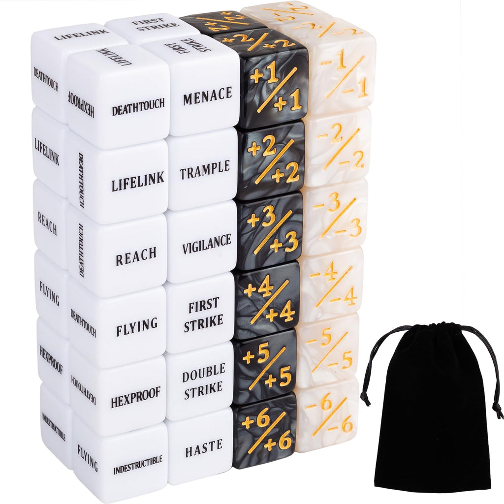 LAMJAM 48-Piece MTG Keyword & Counter Dice Set – Abilities Dice (+1/+1 & -1/-1) with Pouch