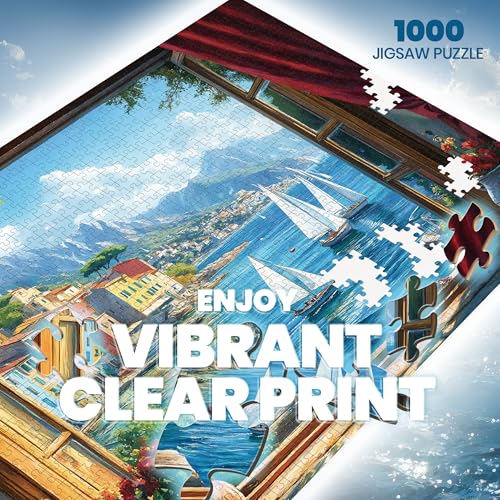Lamplin 1000-Piece Jigsaw Puzzle: Italian Seaside Village Window View with Lettered Back and Full-Size Poster