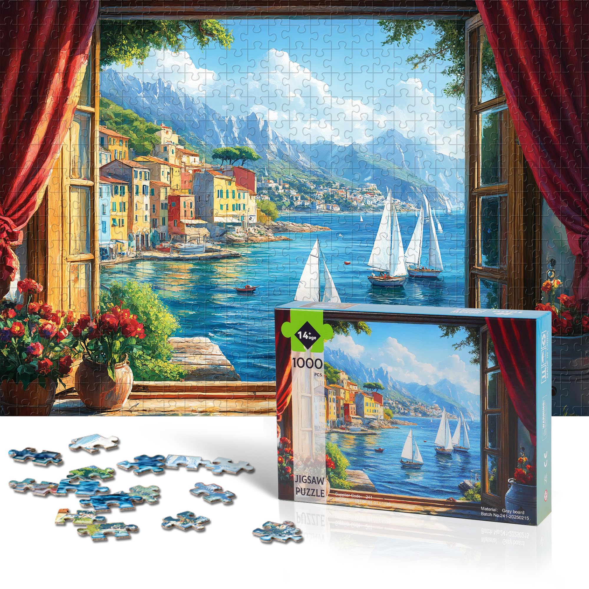 Lamplin 1000-Piece Jigsaw Puzzle: Italian Seaside Village Window View with Lettered Back and Full-Size Poster