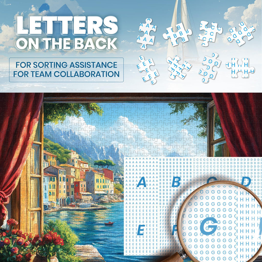 Lamplin 1000-Piece Jigsaw Puzzle: Italian Seaside Village Window View with Lettered Back and Full-Size Poster