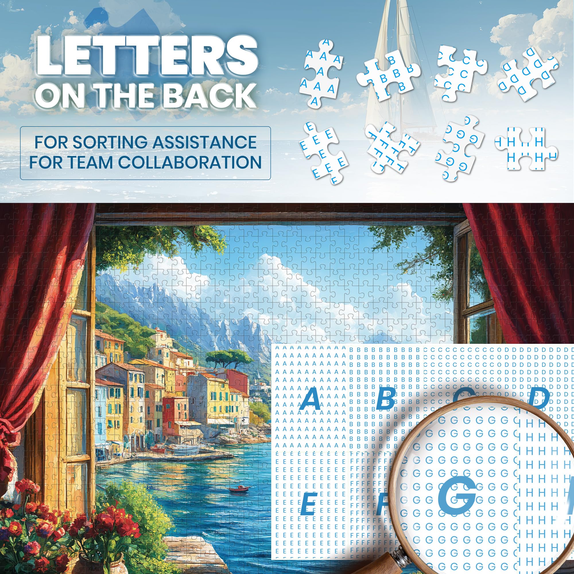 Lamplin 1000-Piece Jigsaw Puzzle: Italian Seaside Village Window View with Lettered Back and Full-Size Poster