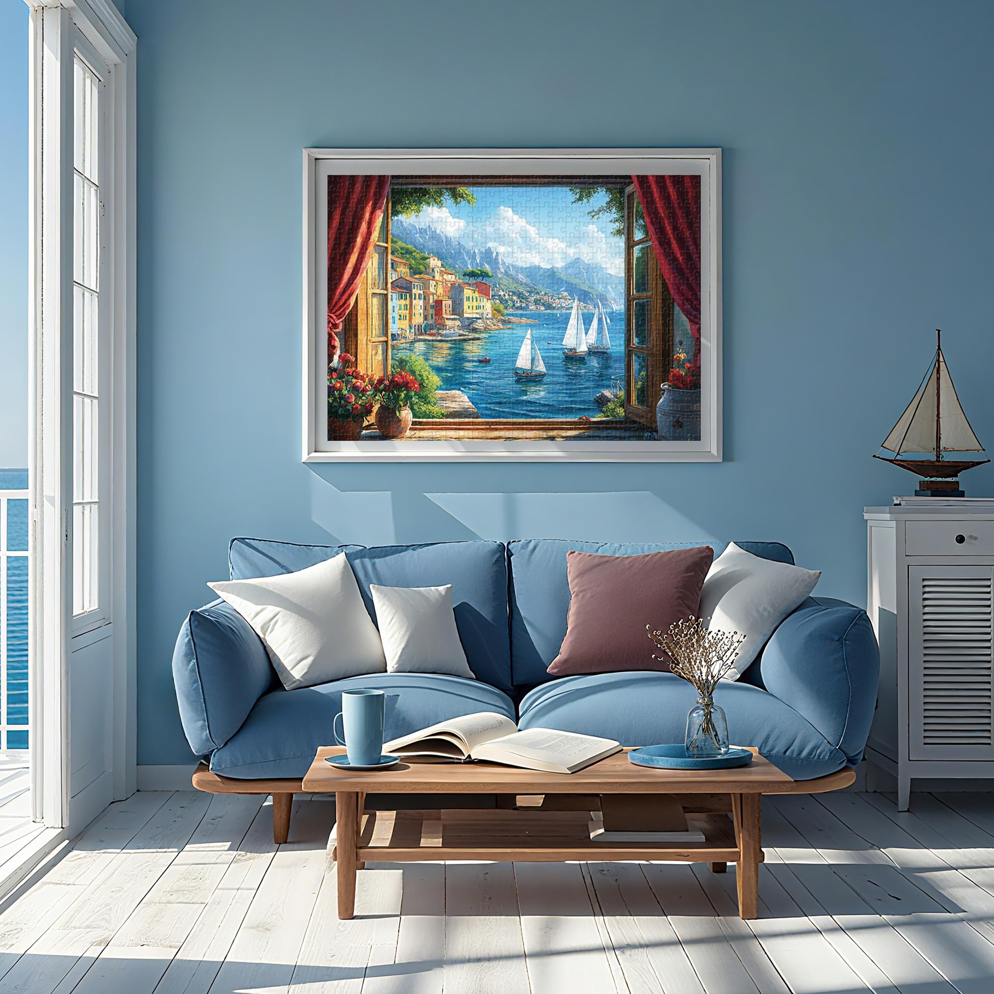 Lamplin 1000-Piece Jigsaw Puzzle: Italian Seaside Village Window View with Lettered Back and Full-Size Poster