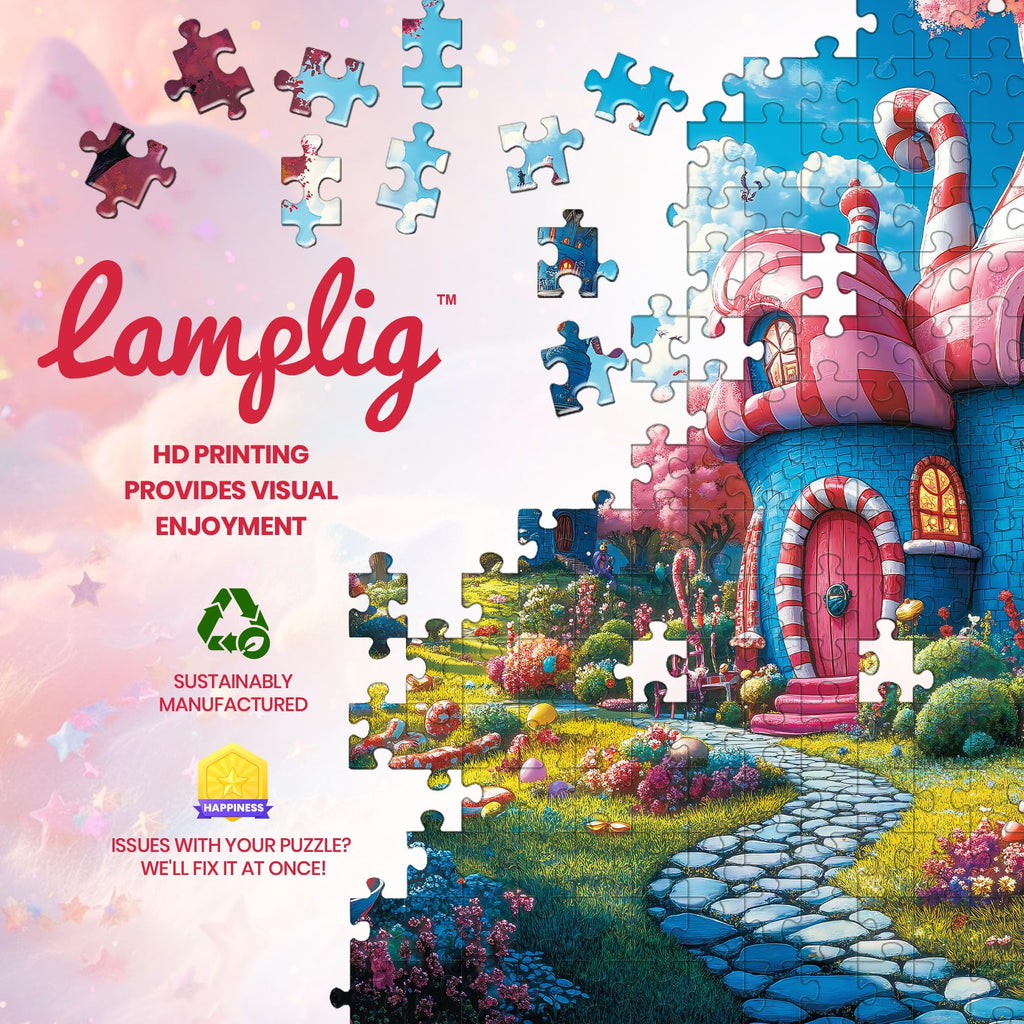 Lamplin 500 Piece Fantasy Candy Puzzle – Fairytale Town Jigsaw with Letters on Back, 20.5x14.9 Inches, Includes Poster