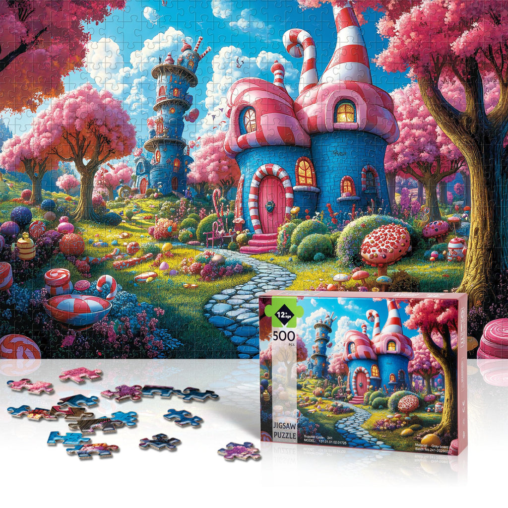 Lamplin 500 Piece Fantasy Candy Puzzle – Fairytale Town Jigsaw with Letters on Back, 20.5x14.9 Inches, Includes Poster
