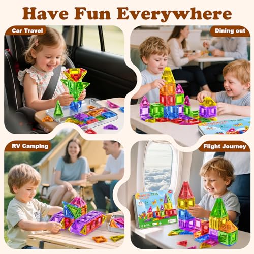 Landtaix 42-Piece Mini Magnetic Tiles Travel Set with Iron Box – Portable Magnet Building Blocks for Kids Ages 3+