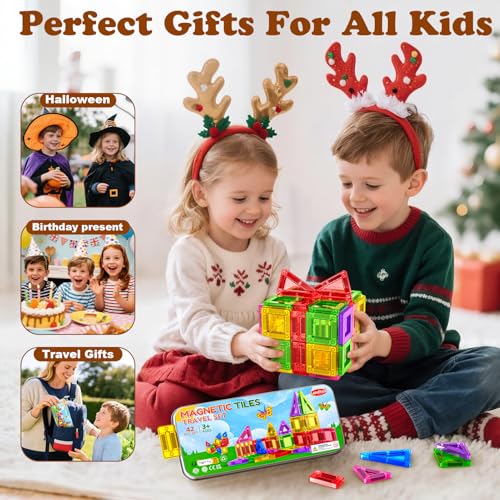 Landtaix 42-Piece Mini Magnetic Tiles Travel Set with Iron Box – Portable Magnet Building Blocks for Kids Ages 3+