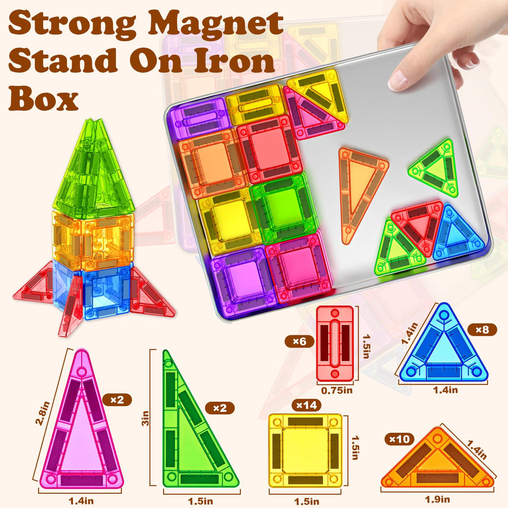 Landtaix 42-Piece Mini Magnetic Tiles Travel Set with Iron Box – Portable Magnet Building Blocks for Kids Ages 3+