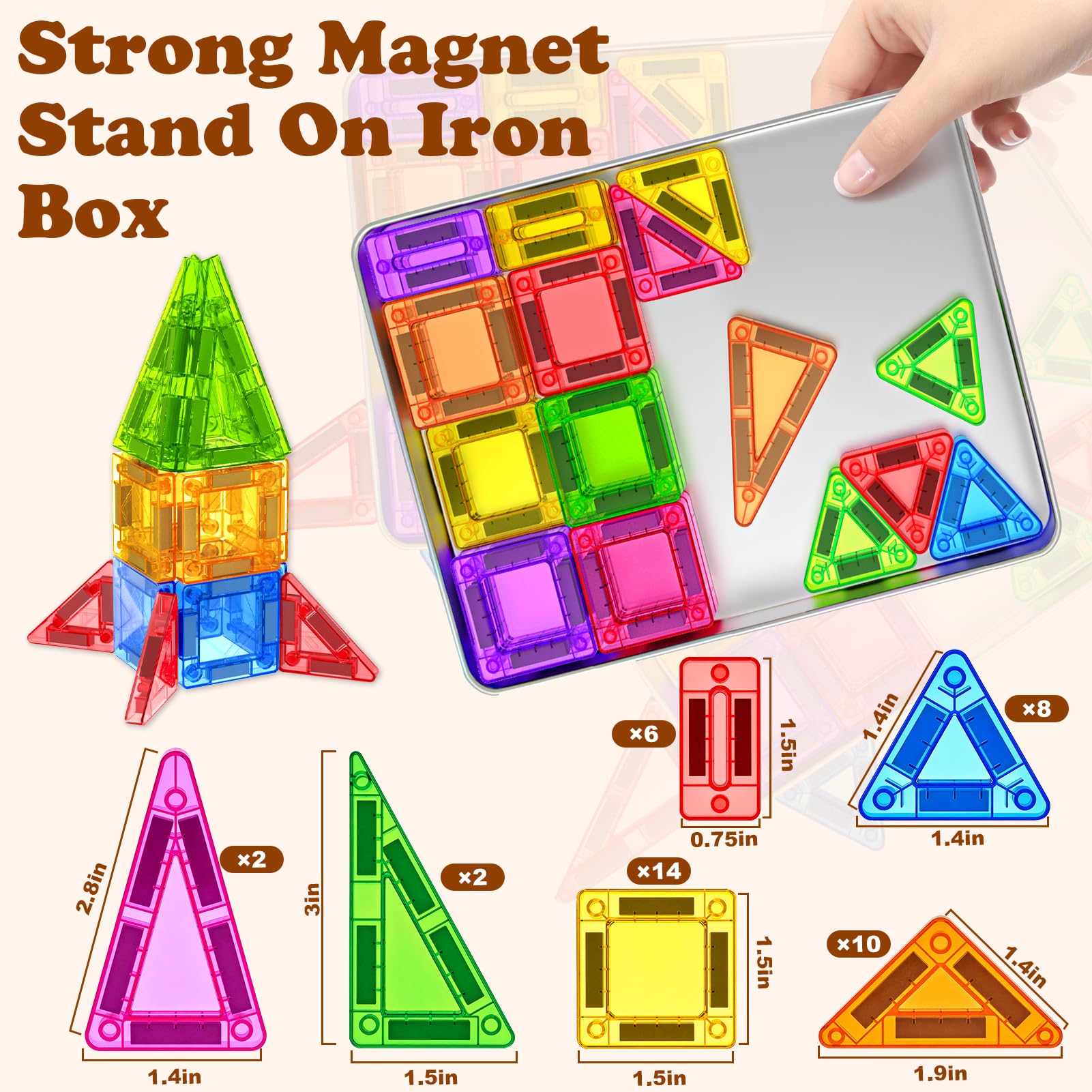 Landtaix 42-Piece Mini Magnetic Tiles Travel Set with Iron Box – Portable Magnet Building Blocks for Kids Ages 3+