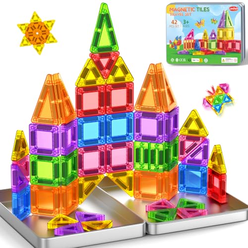 Landtaix 42-Piece Mini Magnetic Tiles Travel Set with Iron Box – Portable Magnet Building Blocks for Kids Ages 3+
