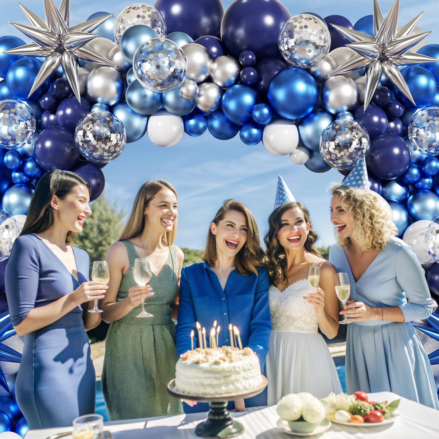 LANGASQUE 140-Piece Balloon Garland Arch Kit: Navy, Metallic Blue, Silver, White, Confetti & Foil Stars for Bachelorette, Birthday, Wedding Decor