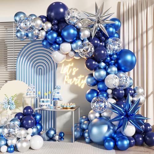 LANGASQUE 140-Piece Balloon Garland Arch Kit: Navy, Metallic Blue, Silver, White, Confetti & Foil Stars for Bachelorette, Birthday, Wedding Decor
