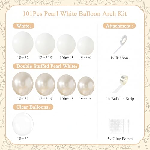LANGASQUE Pearl White Balloon Arch Kit – 101pcs Double Stuffed Balloons for Wedding, Bridal Shower, Birthday Party Decor