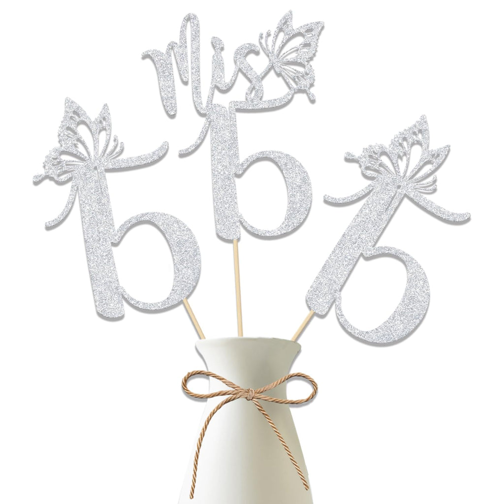 LANKBACK Mis 15 Centerpiece Sticks - Silver Glitter Paper 12-Pack for 15th Birthday Party Decorations