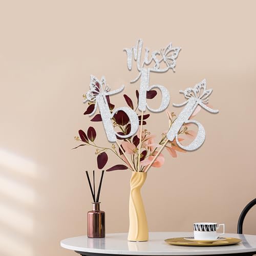 LANKBACK Mis 15 Centerpiece Sticks - Silver Glitter Paper 12-Pack for 15th Birthday Party Decorations
