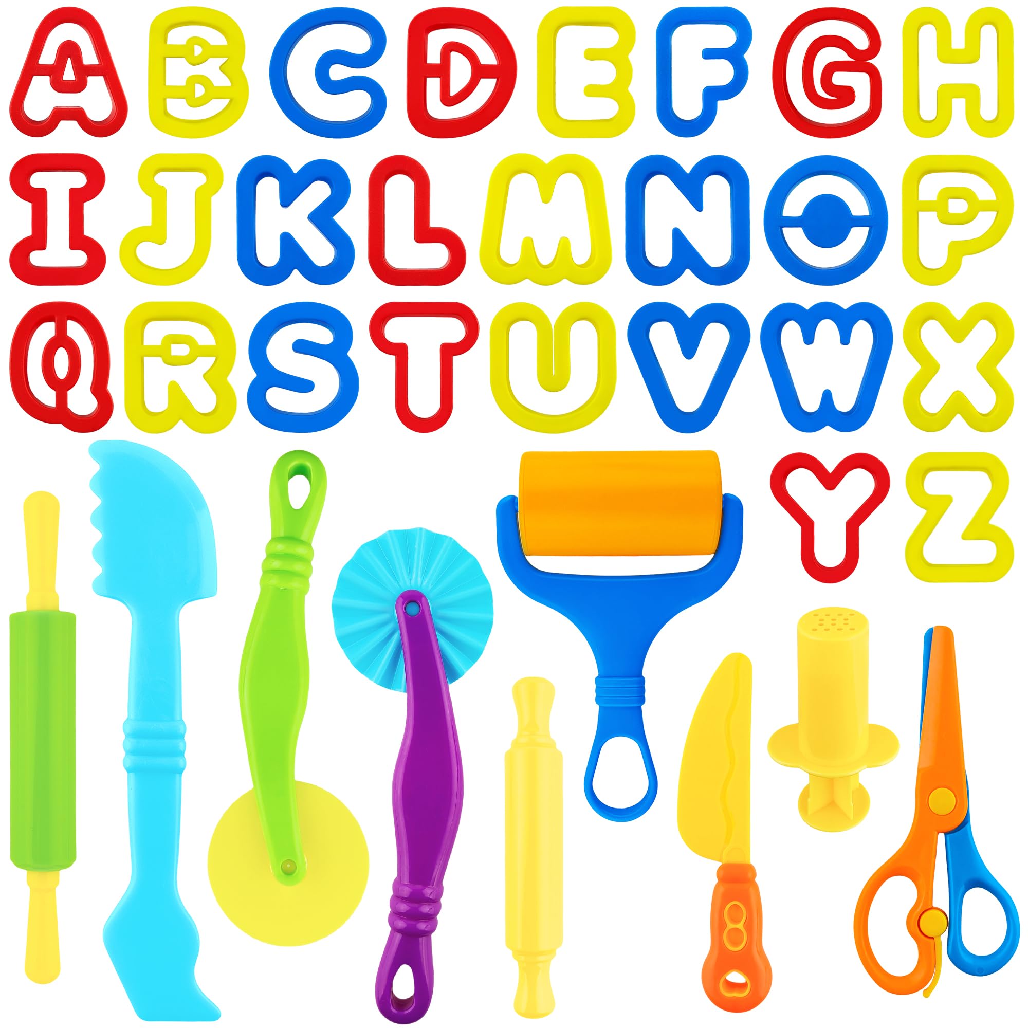 LanMa 35-Piece Dough Tools Play Set for Kids with Rolling Pins, Letter Cutters, and Safety Scissors