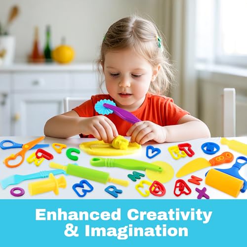 LanMa 35-Piece Dough Tools Play Set for Kids with Rolling Pins, Letter Cutters, and Safety Scissors