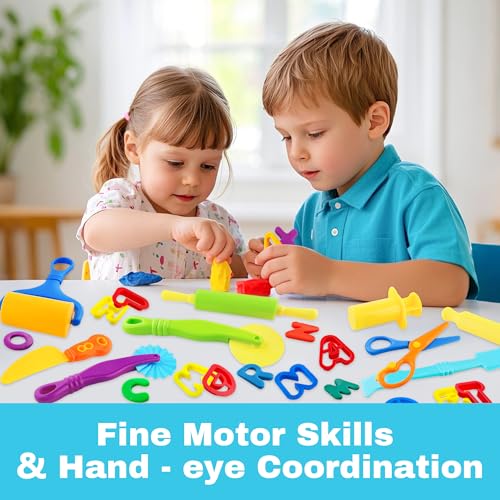 LanMa 35-Piece Dough Tools Play Set for Kids with Rolling Pins, Letter Cutters, and Safety Scissors