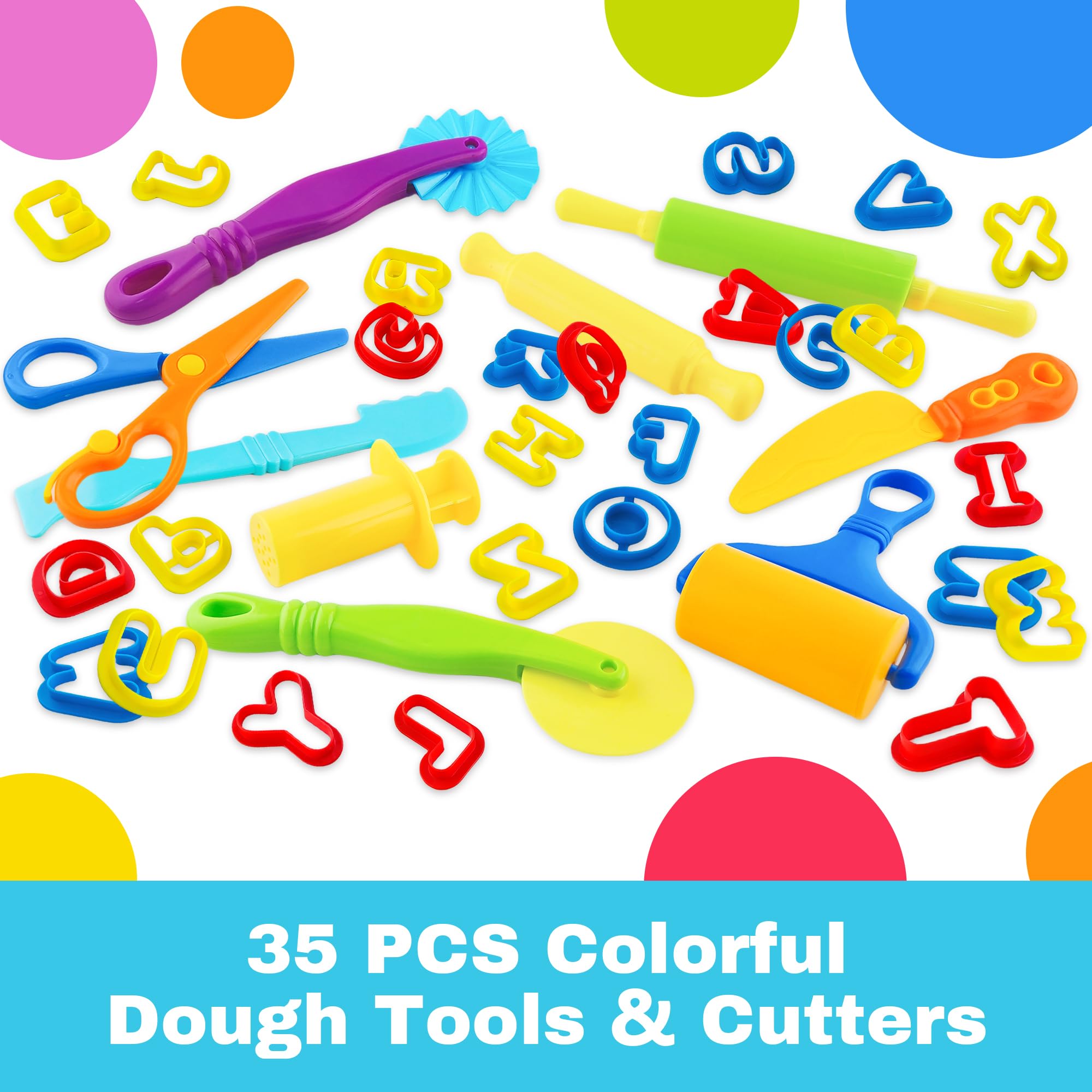 LanMa 35-Piece Dough Tools Play Set for Kids with Rolling Pins, Letter Cutters, and Safety Scissors