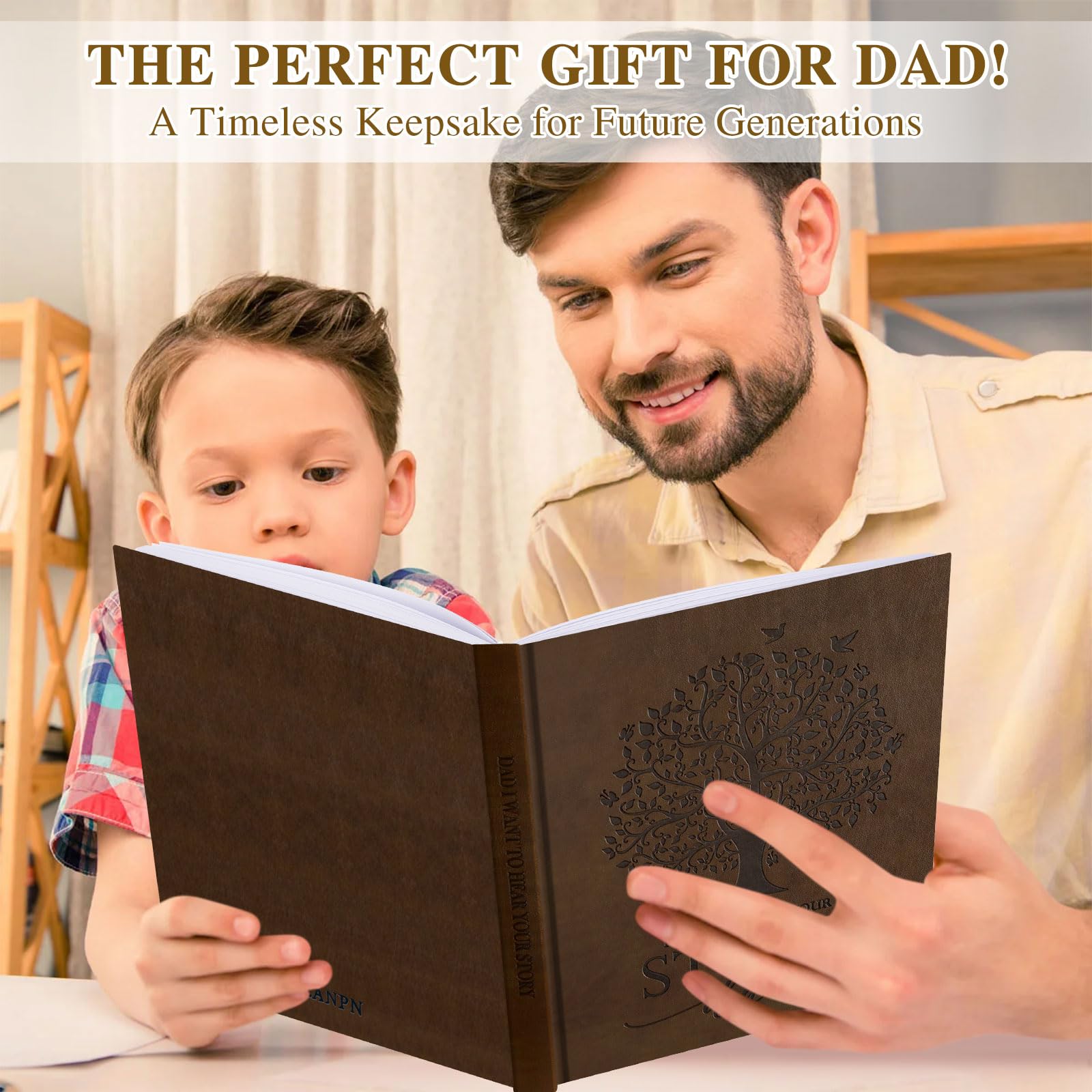 Lanpn Dad Life Story Journal – 300+ Prompts, Faux Leather Cover, 108 Pages – Guided Memory Keepsake for Fathers