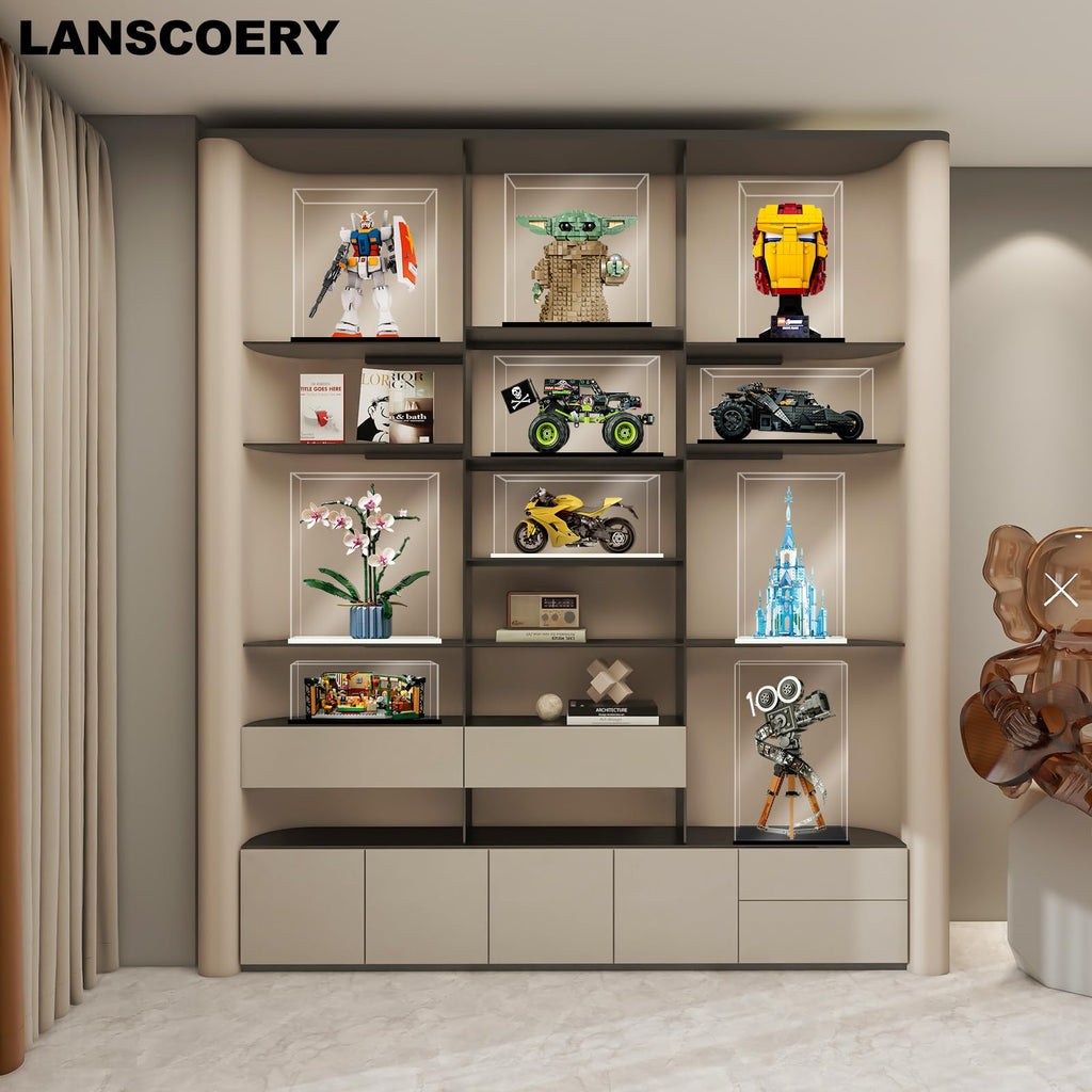 LANSCOERY Acrylic Display Case 6x4x4 - Thickened UV-Resistant Showcase with LED Light and Scraper