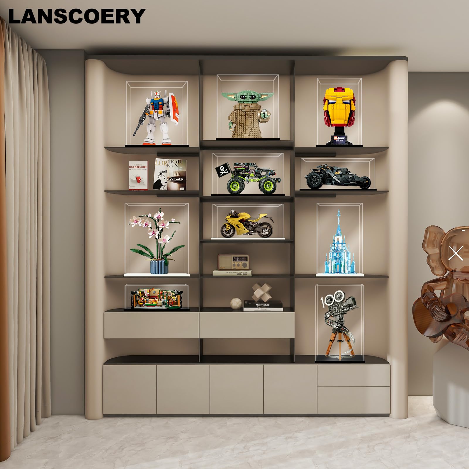 LANSCOERY Acrylic Display Case 6x4x4 - Thickened UV-Resistant Showcase with LED Light and Scraper