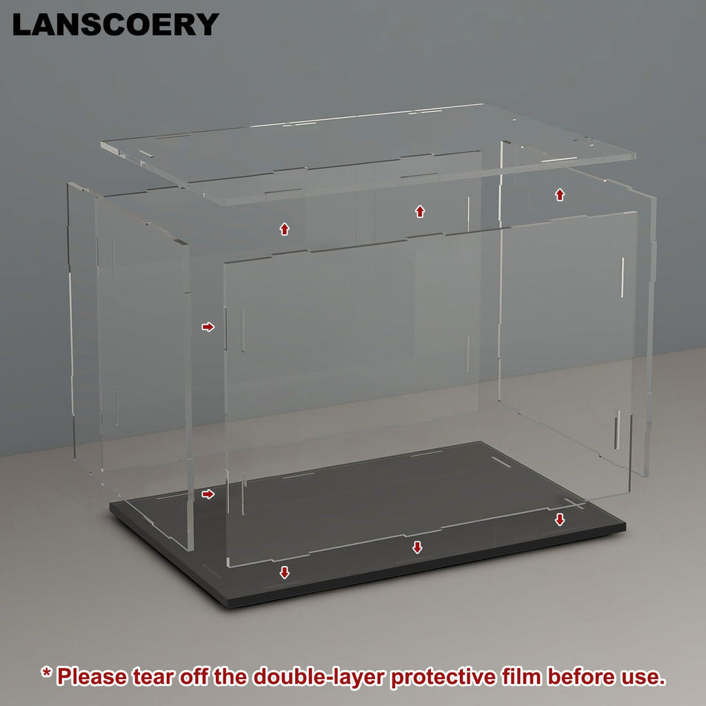 LANSCOERY Acrylic Display Case 6x4x4 - Thickened UV-Resistant Showcase with LED Light and Scraper